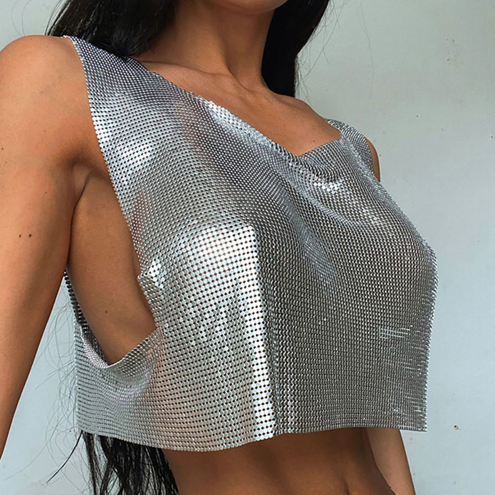 Summer Fashion Womens Metallic Halterneck T-shirt From Europe And The US