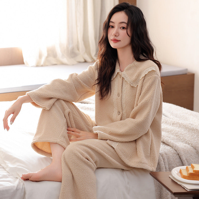 Womens Flannel Pajama Set With Thick Fleece Lining