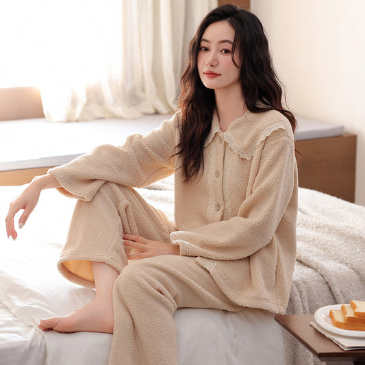 Womens Flannel Pajama Set With Thick Fleece Lining