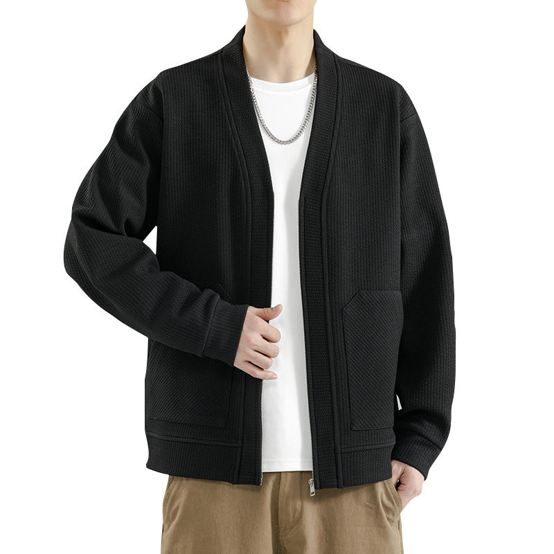 Mens Plus Size Solid Color Cardigan Zip Up Jacket
