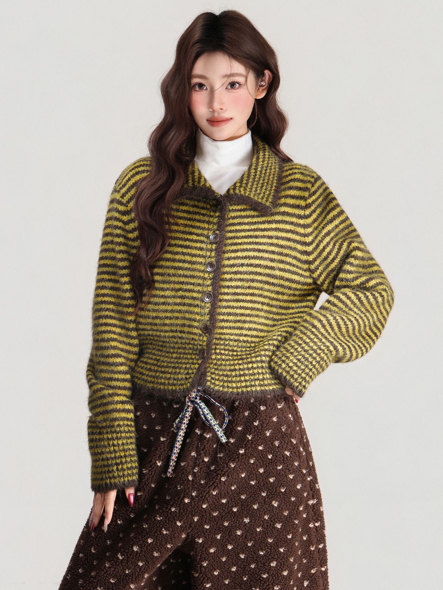Polo Collar Striped Single-breasted Knitted Sweater Long Sleeve