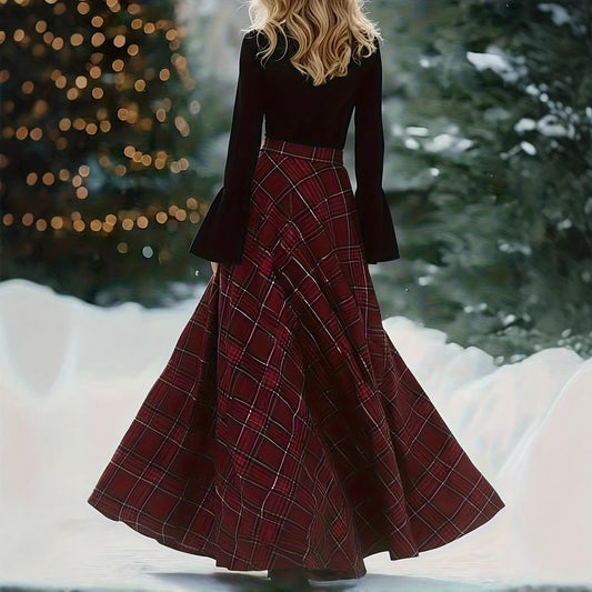 Red Plaid Maxi Skirt With A High Waist In A Vintage British Style