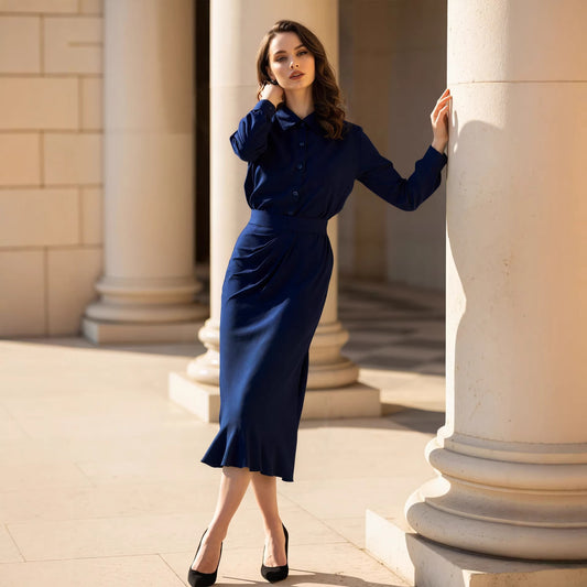 Elegant Commuter-Style Drapey Shirt And High-Waisted Pleated Skirt Set