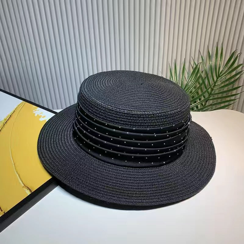Spring And Summer Short Brim Satin Rhinestone Straw Flat Top Hat Women