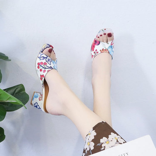 Dame fritids udendørs slip-in sandaler med tyk hæl og print