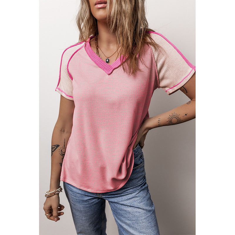 Women's V-neck Knitted Short-sleeved Shirt T-shirt