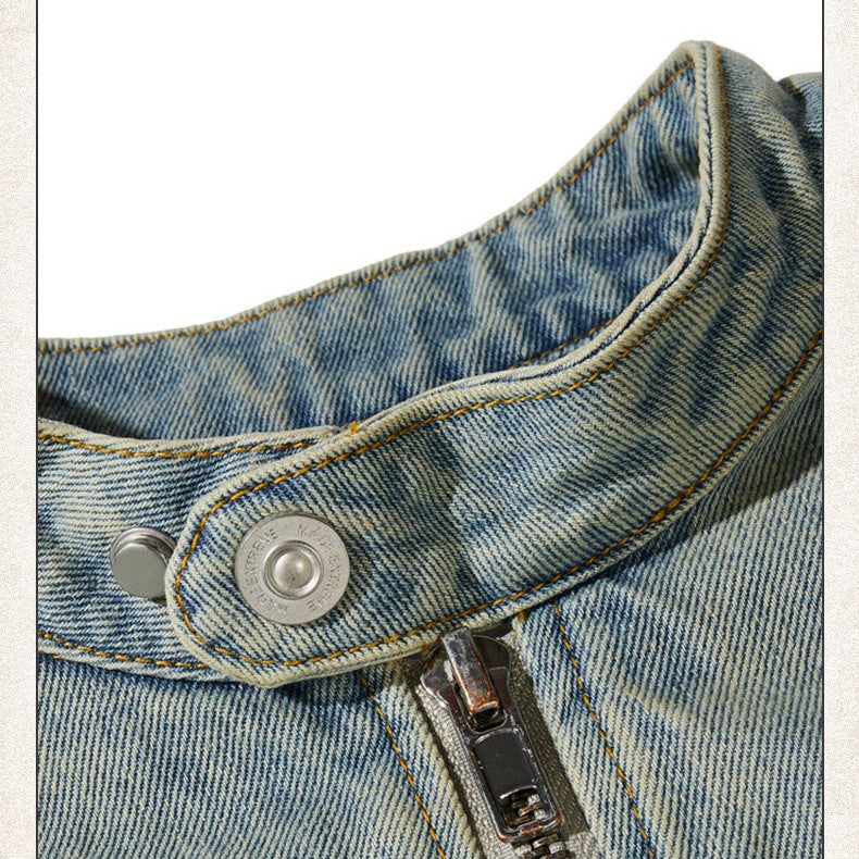 Washed Distressed Denim Jacket With Half Turtleneck Zipper