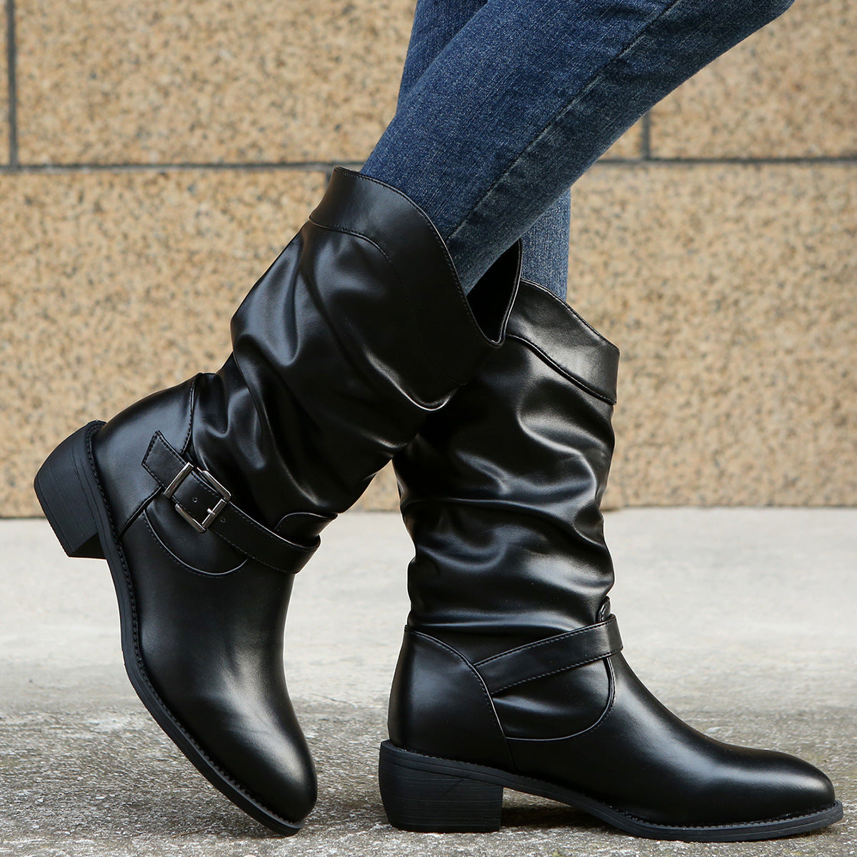 Large Size Pleated Belt Buckle Thick Heel Mid-tube Round Toe Rider Boots Women's