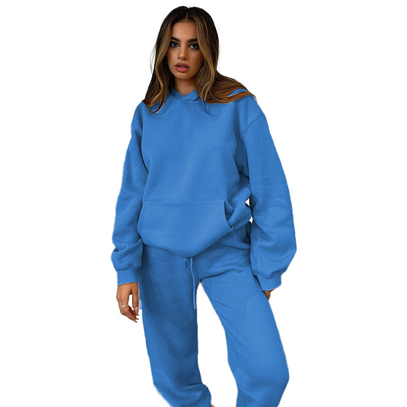 Solid-color Hooded Long-sleeve Sweatshirt And Pants Set For Fallwinter