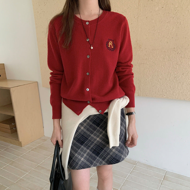 College Style Badge Embroidered Knitted Cardigan For Women