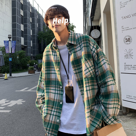 Early Autumn Long Sleeves Woolen Plaid Shirt For Men