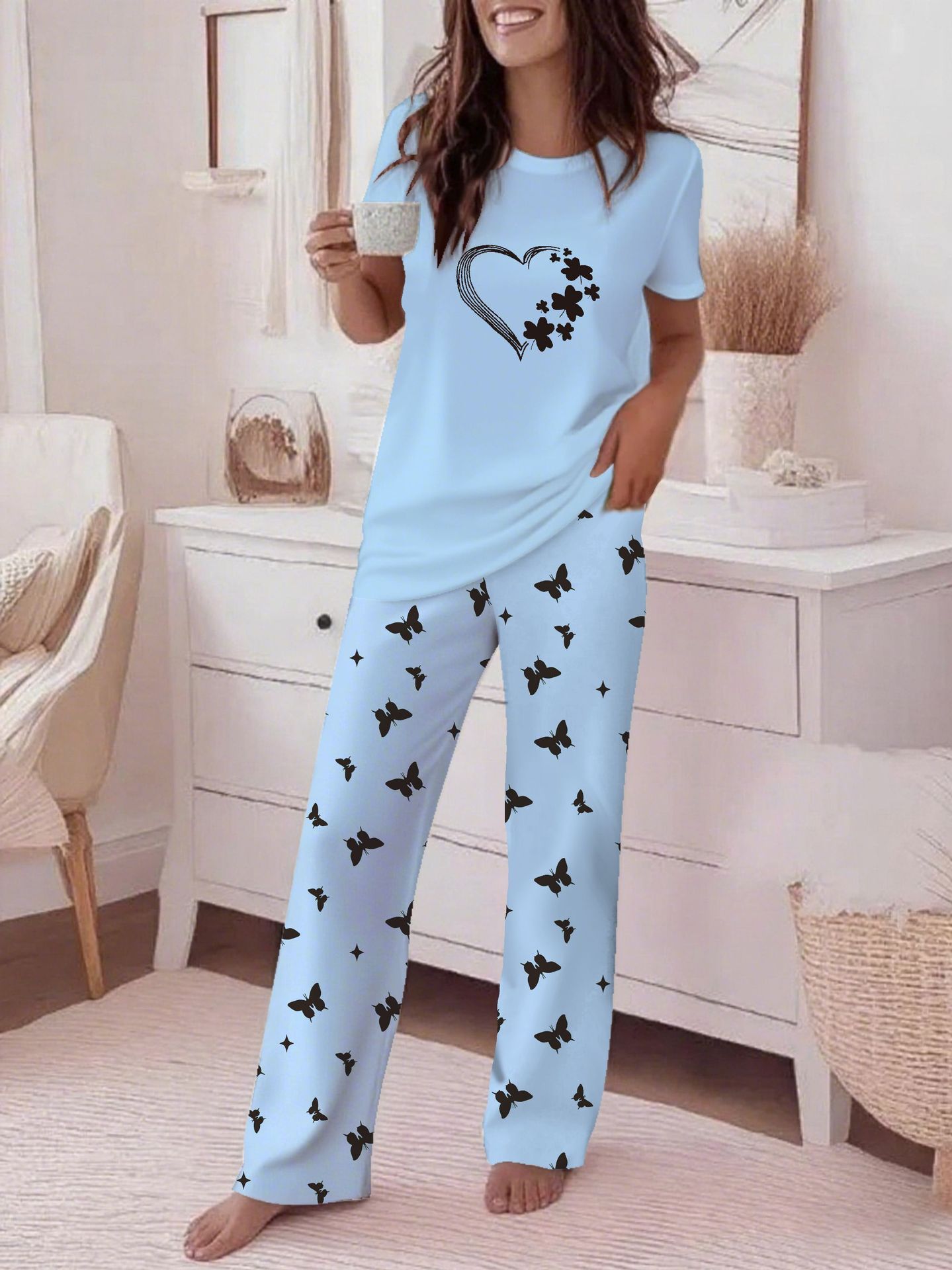 Crew-neck Short-sleeve Casual Striped Print Wide-leg Pants Two-piece Trouser Set