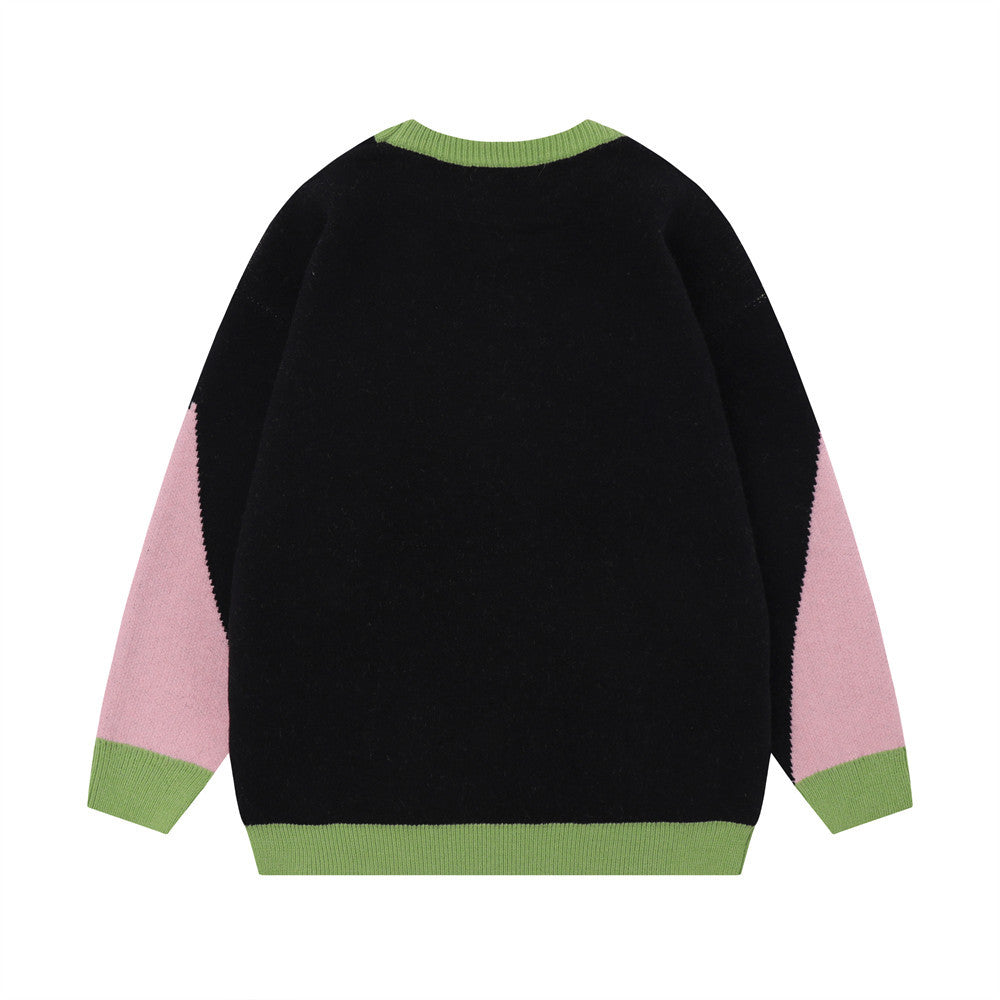National Fashion Stitching Contrast Color Jacquard Round Neck Sweater