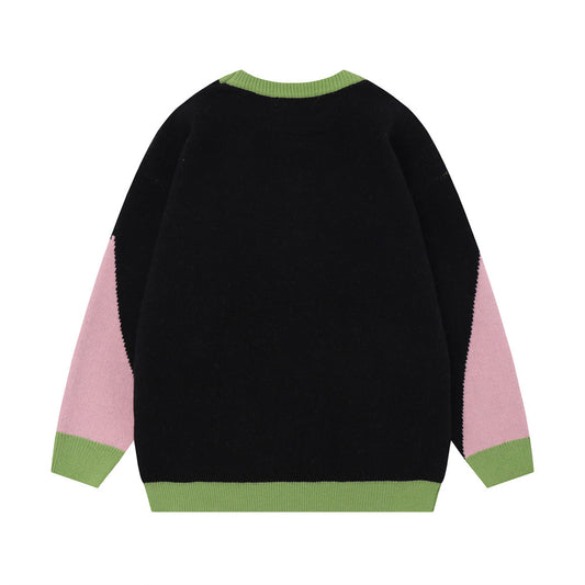 National Fashion Stitching Contrast Color Jacquard Round Neck Sweater