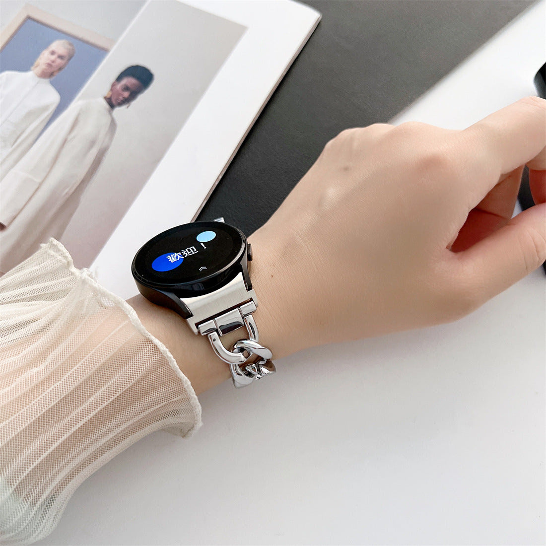 Smartwatch-armbånd, enkeltrække, denimkæde, metal
