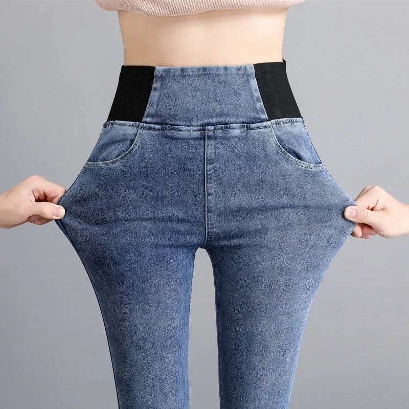 Womens High-waisted Skinny Jeans With A Stretchy Elastic Waist And Cozy Fleece Lining