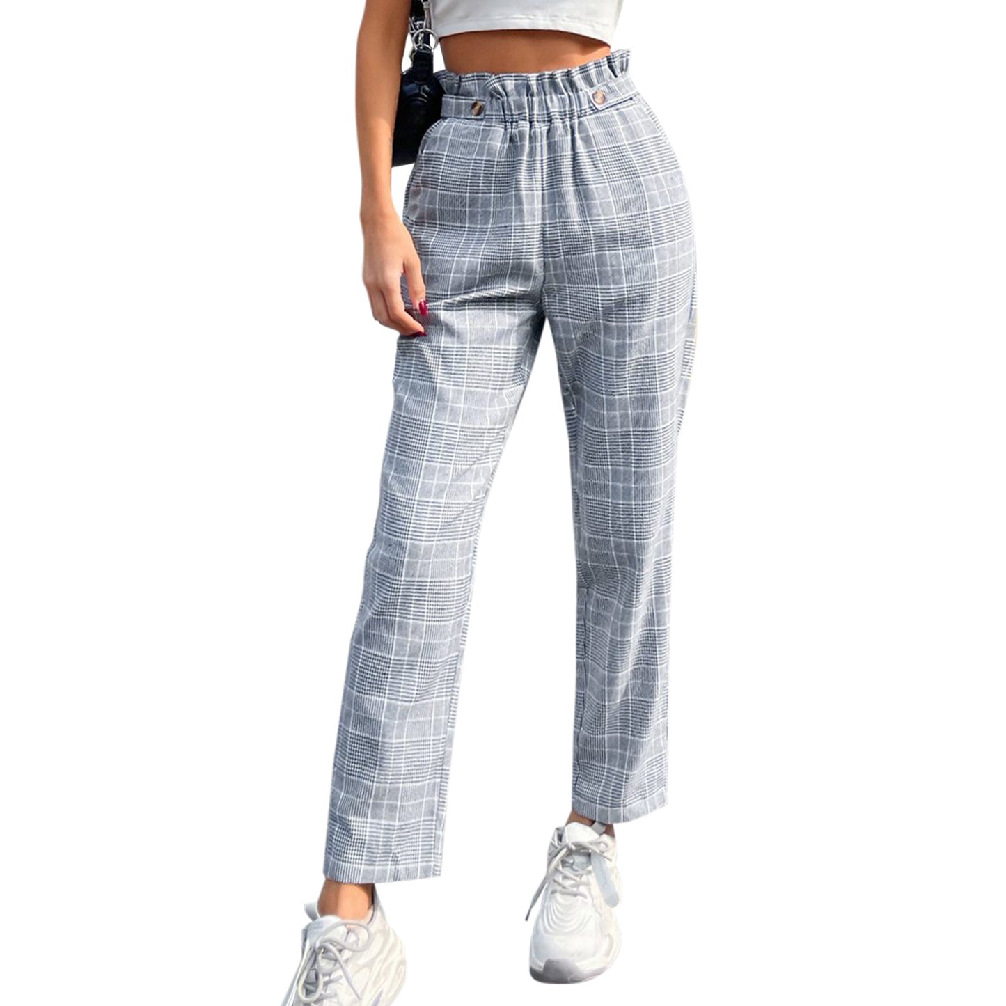 Women's Fashion Temperament High Waist Plaid Straight-leg Pants