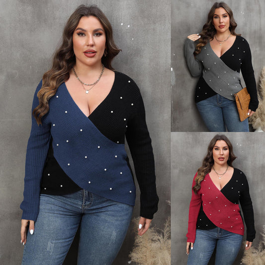 Plus Size Dame Sweater med Farvekontrast Patchwork, Dyb V-hals, Kryds og Sexy Perler