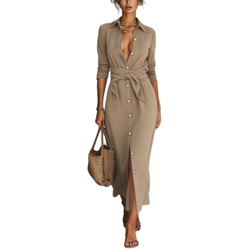 Elegant Casual Lace-Up Button-Down Shirt Dress New Arrival