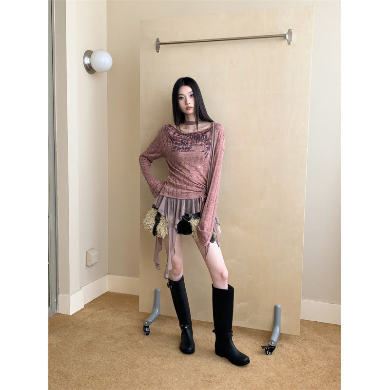 Patchwork Ruffled English Graffiti Swing Collar Hollow Print Knitted Shirt Top For Women