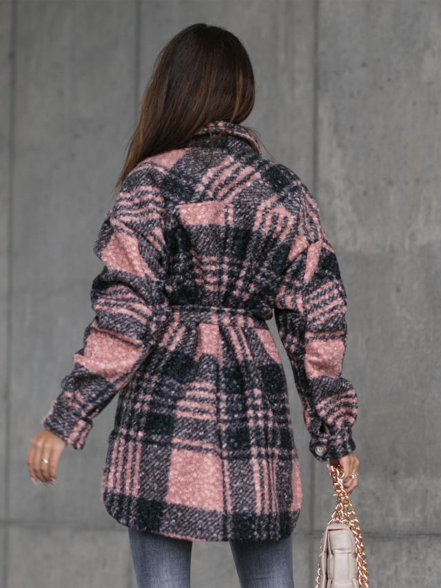 Autumn And Winter Lace-up Plaid Woolen Coat