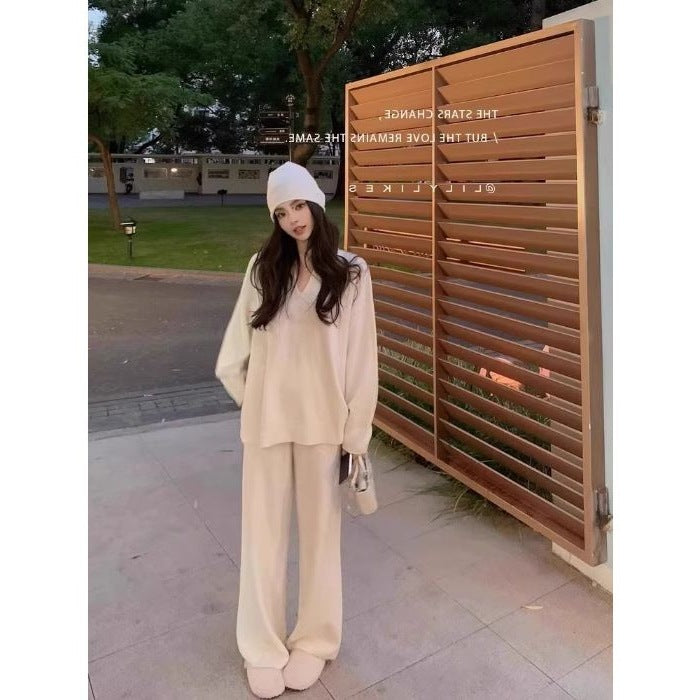 Autumn And Winter Wool Suit Women's V-neck Knitted Wide-leg Pants Cashmere Sweater
