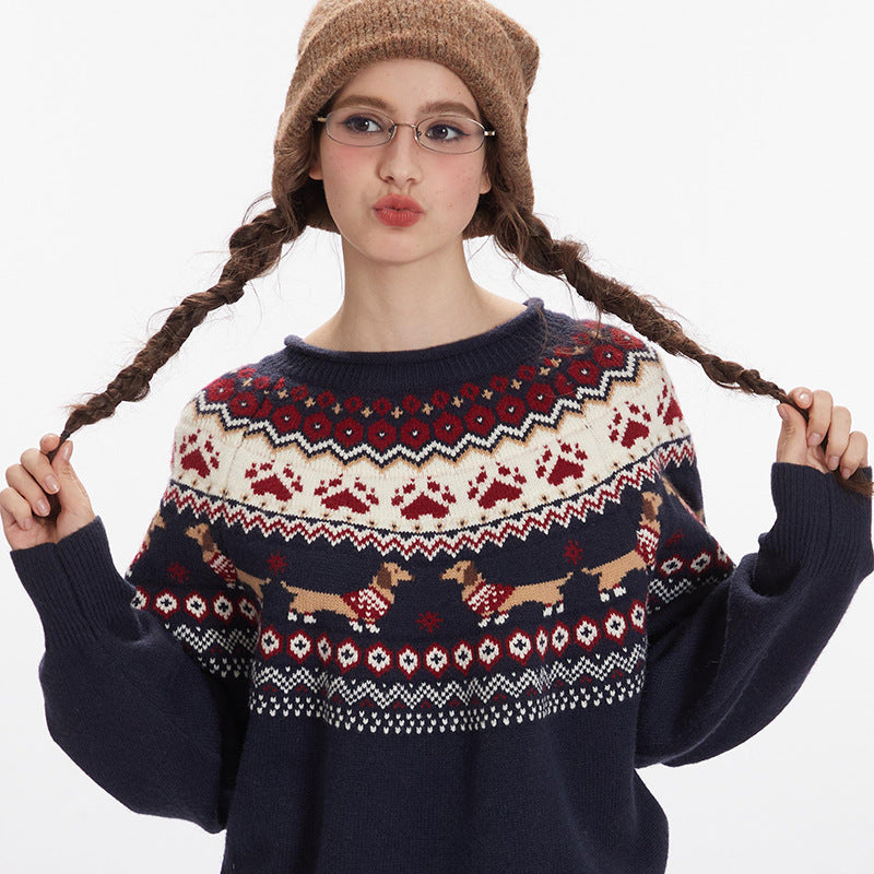 European And American Retro Contrast Color Loose Couple Jacquard Loose-fitting Pullover Sweater