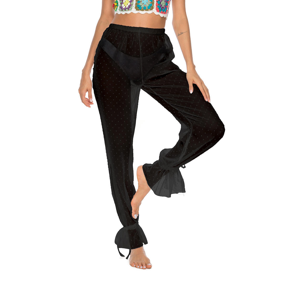 Women's Mesh Jacquard Ankle Banded Pants Slightly Transparent