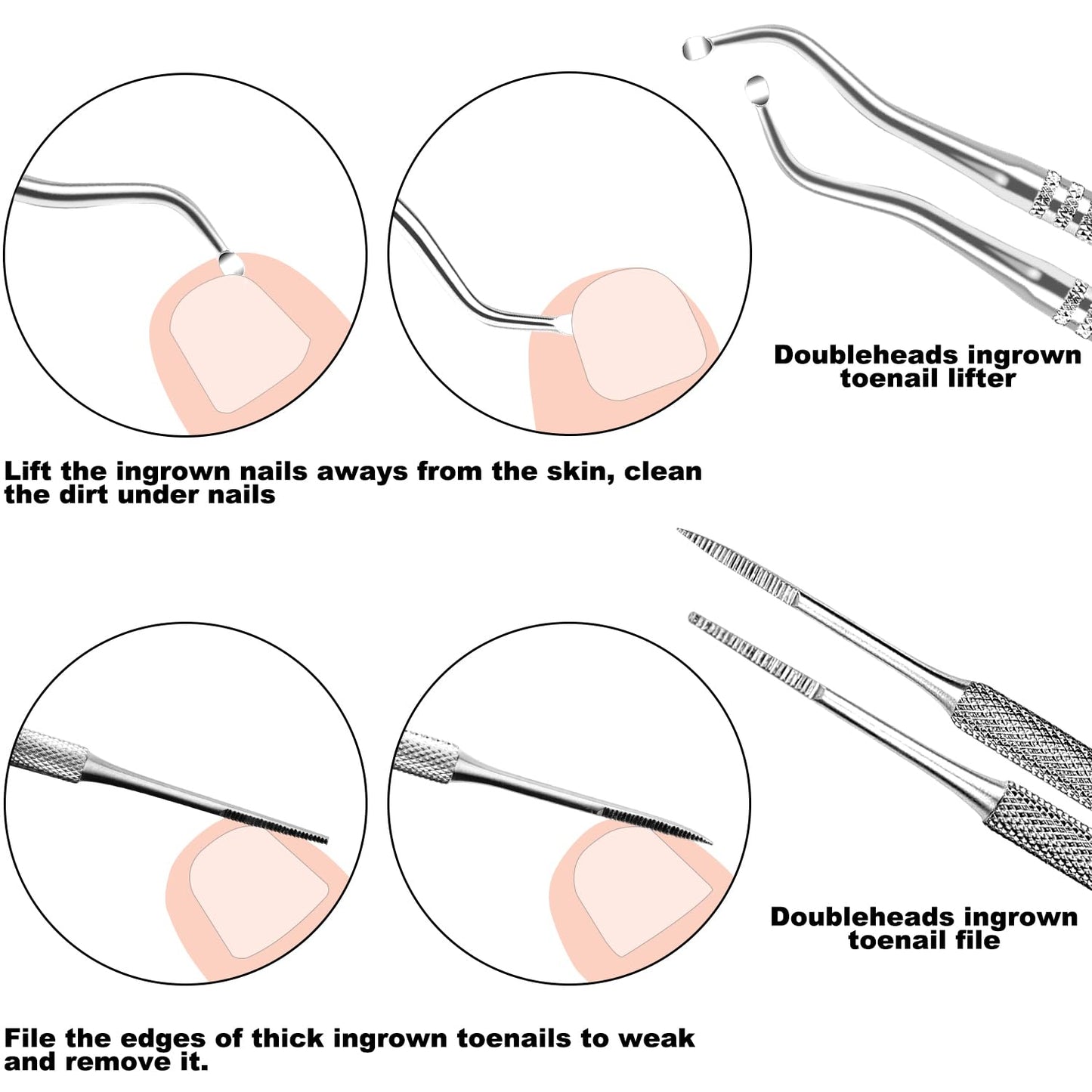 7-Teiliges Set Mit Feilen Und Hebern Für Eingewachsene Zehennägel, Set Aus Edelstahl Zum Entfernen Eingewachsener Zehennägel, Nagelreiniger Für Die Unternagelpflege, Pediküre-Werkzeuge