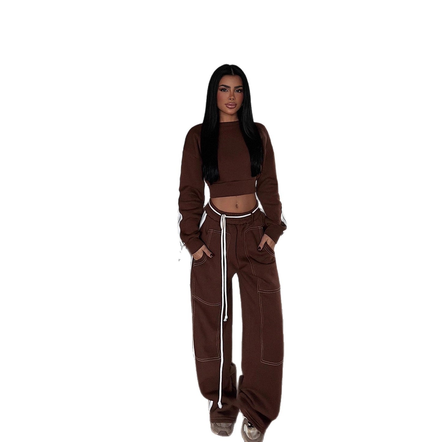 Womens Sportswear Set Crew-neck Long-sleeve Top And Pants