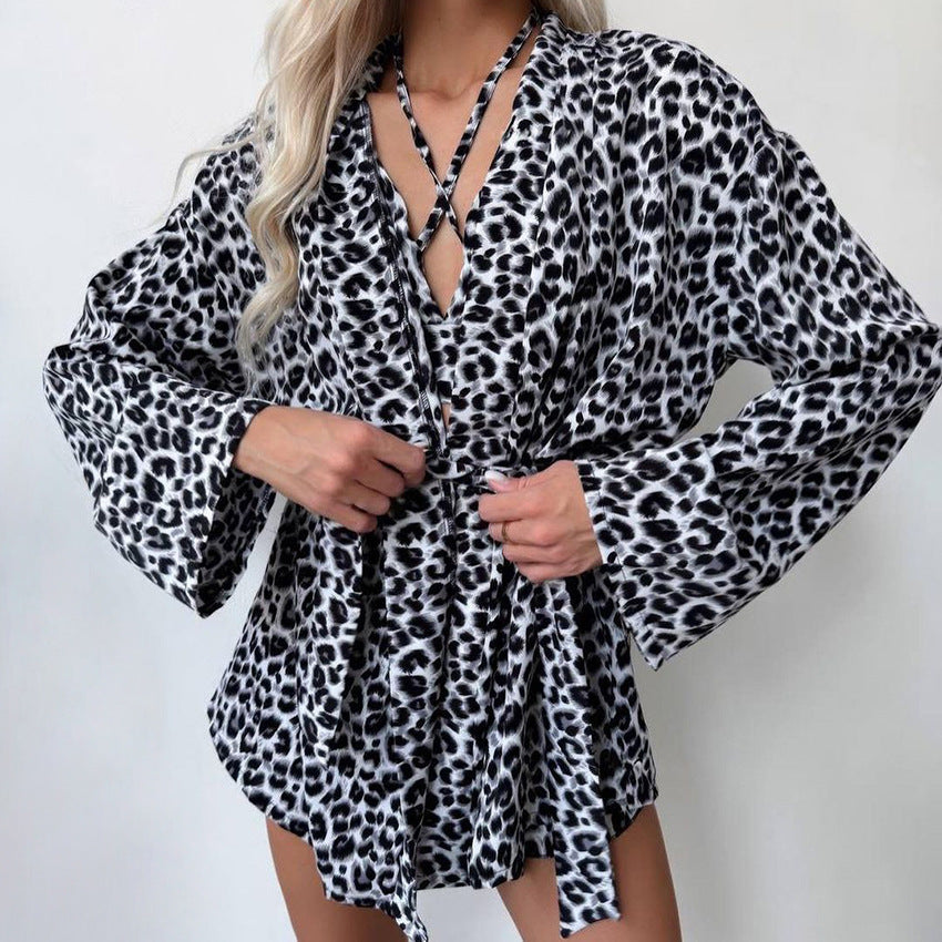 Sexy Leopard-Print Loose And Cozy Long-Sleeve Underwear And Shorts Set Loungewear