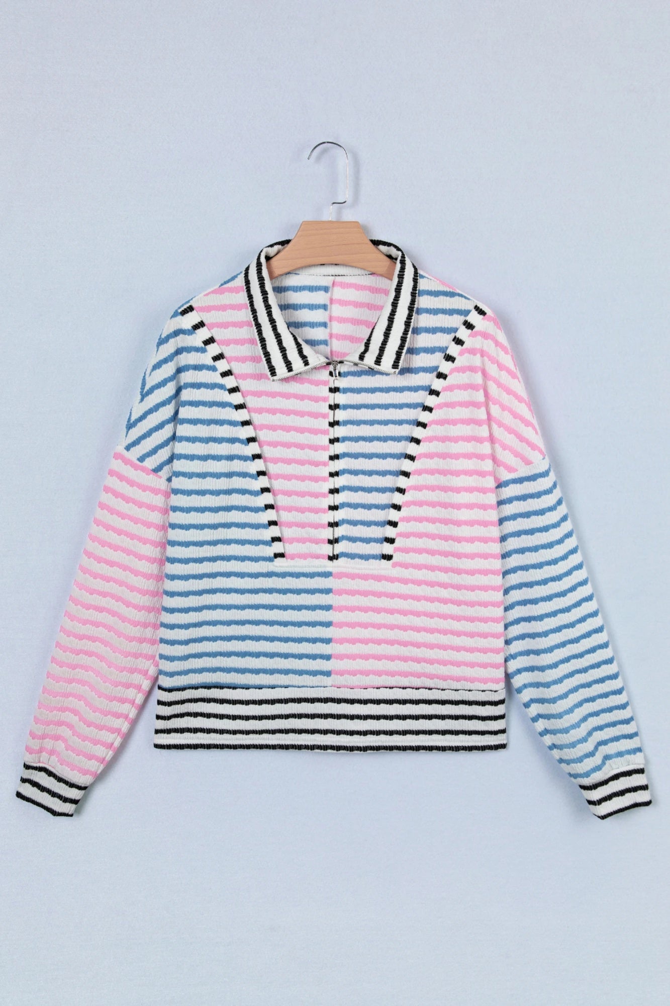 Multifarvet stribet kontrastfarvet patchwork half-zip drop-shoulder langærmet top