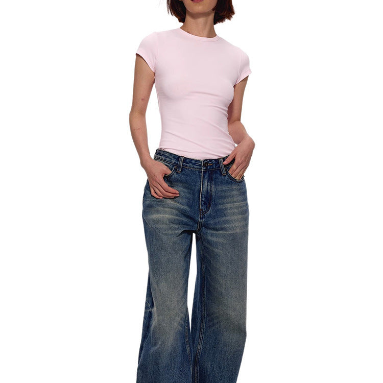 Women's Shoulder Round Neck T-shirt Slim Fit Slimming