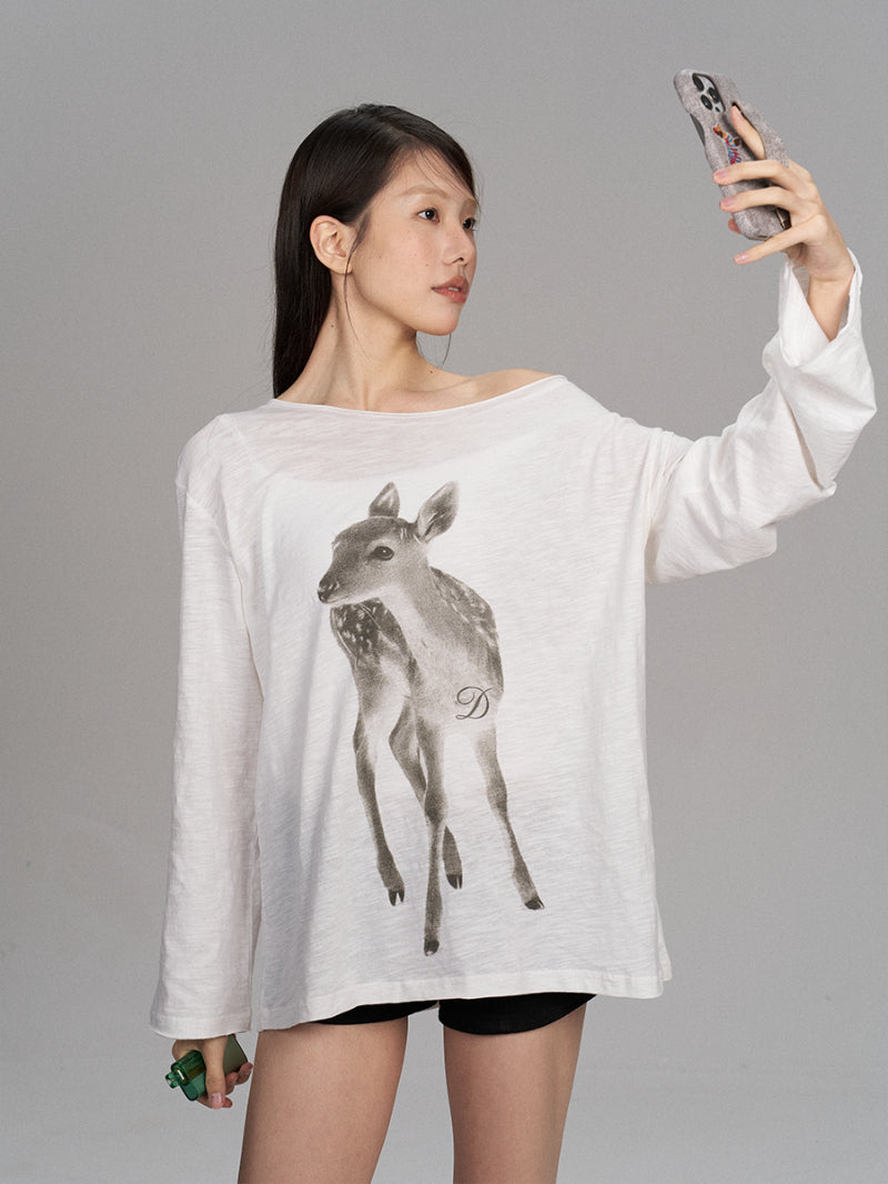 Off-the-shoulder Tunic With A Sika Deer Print Slightly Sheer Loose-fitting And Relaxed-style Long-sleeve T-shirt