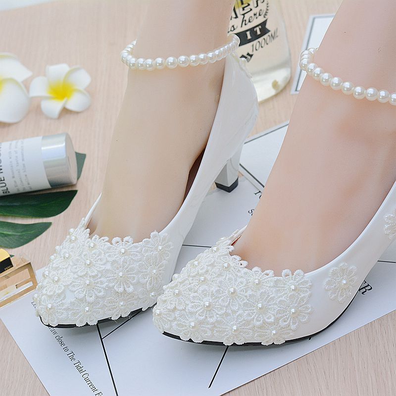 White Bridesmaid Shoes With Lace And Pearl Straps