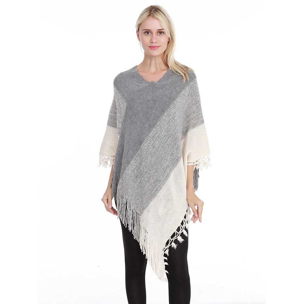 Sleeve Contrast Stitching Tassel Cape Plus Size Women's Clothing