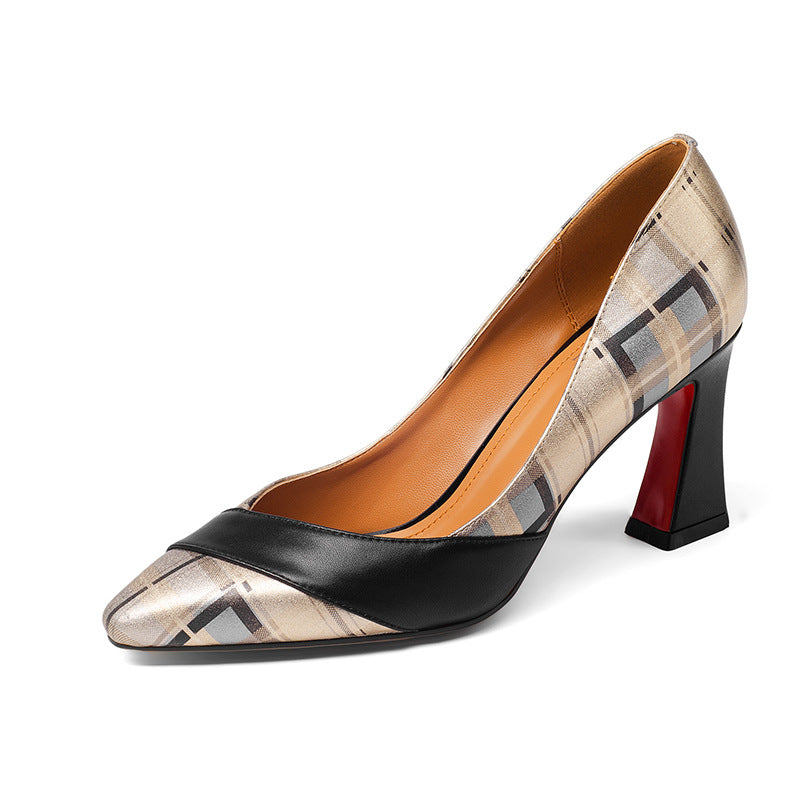 Spring And Summer Leather Color Matching High Heels Shallow Mouth Pointed