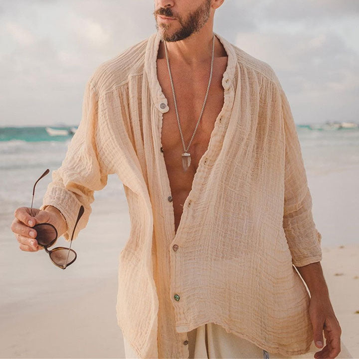 Solid-color Cotton-linen Shirt Mens Long-sleeve Shirt