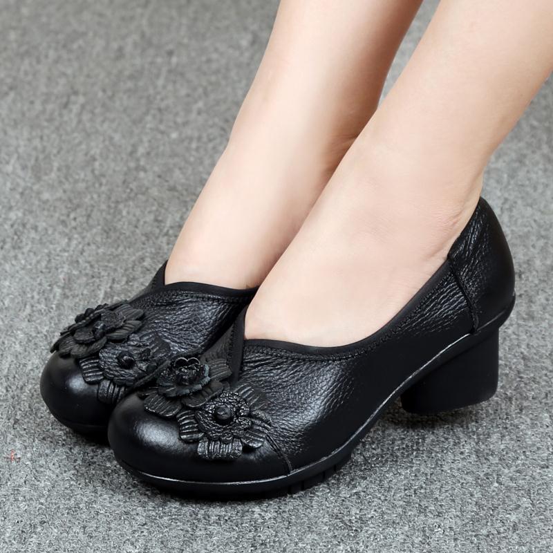 Spring And Autumn Ethnic Style Handmade Leather Single Shoes Mid-heel Mother Shoes Plus Size