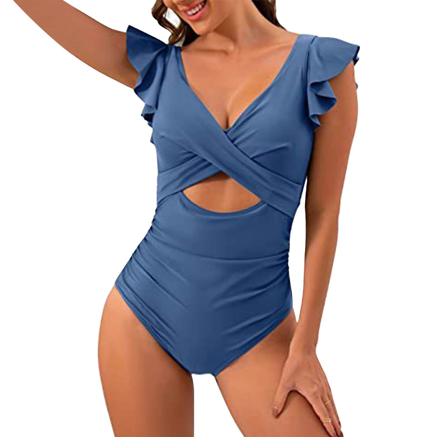 Color Contrast Patchwork Flounce Covered Belly Swimsuit
