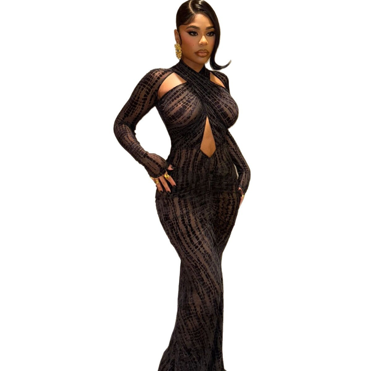 Solid-color Slim-fit Crossover-neck Sexy Evening Gown Maxi Dress