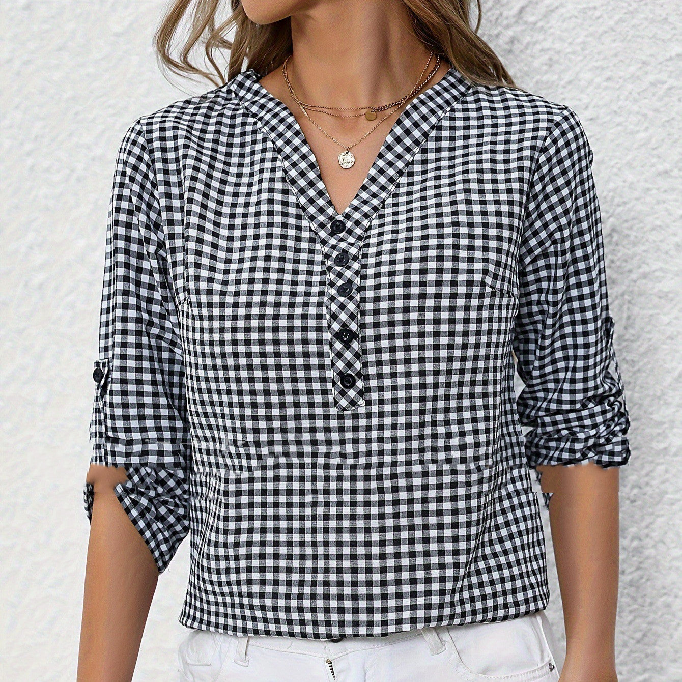 Elegant Retro Plaid Striped Three-quarter Sleeve Shirt