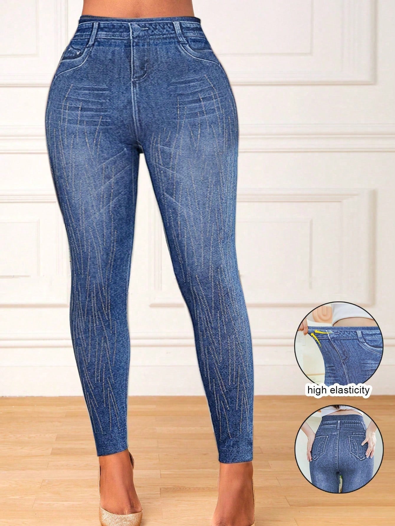 Fashionable, Versatile Printed Denim-style Leggings