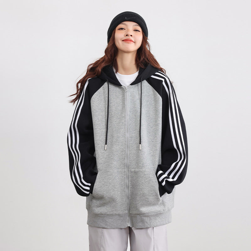 American Retro Hooded Sweater Women's Contrast Color