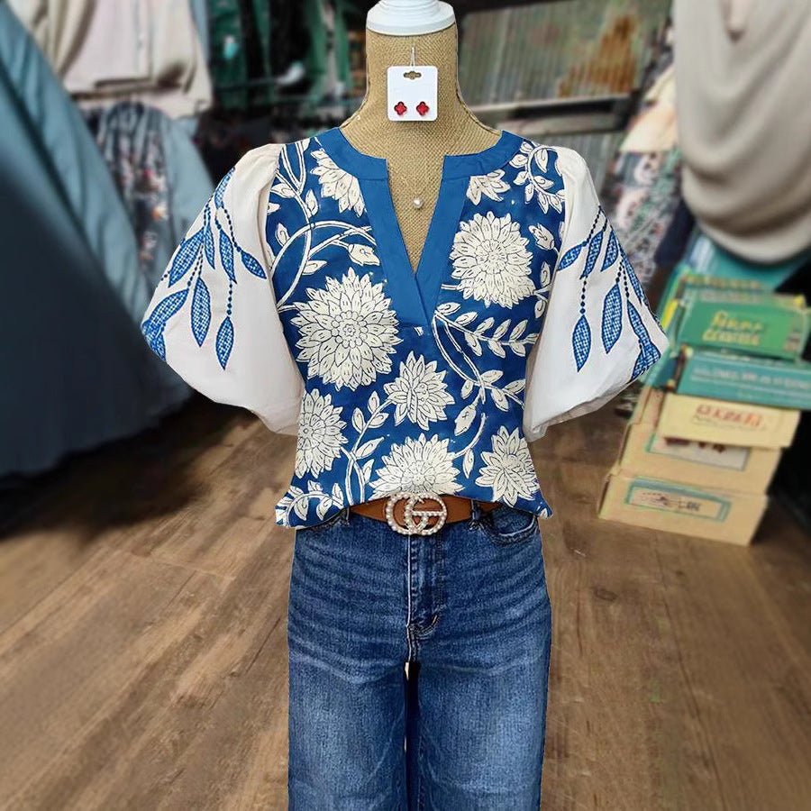 Women's Casual Loose Ethnic Print Lantern Sleeve Shirt