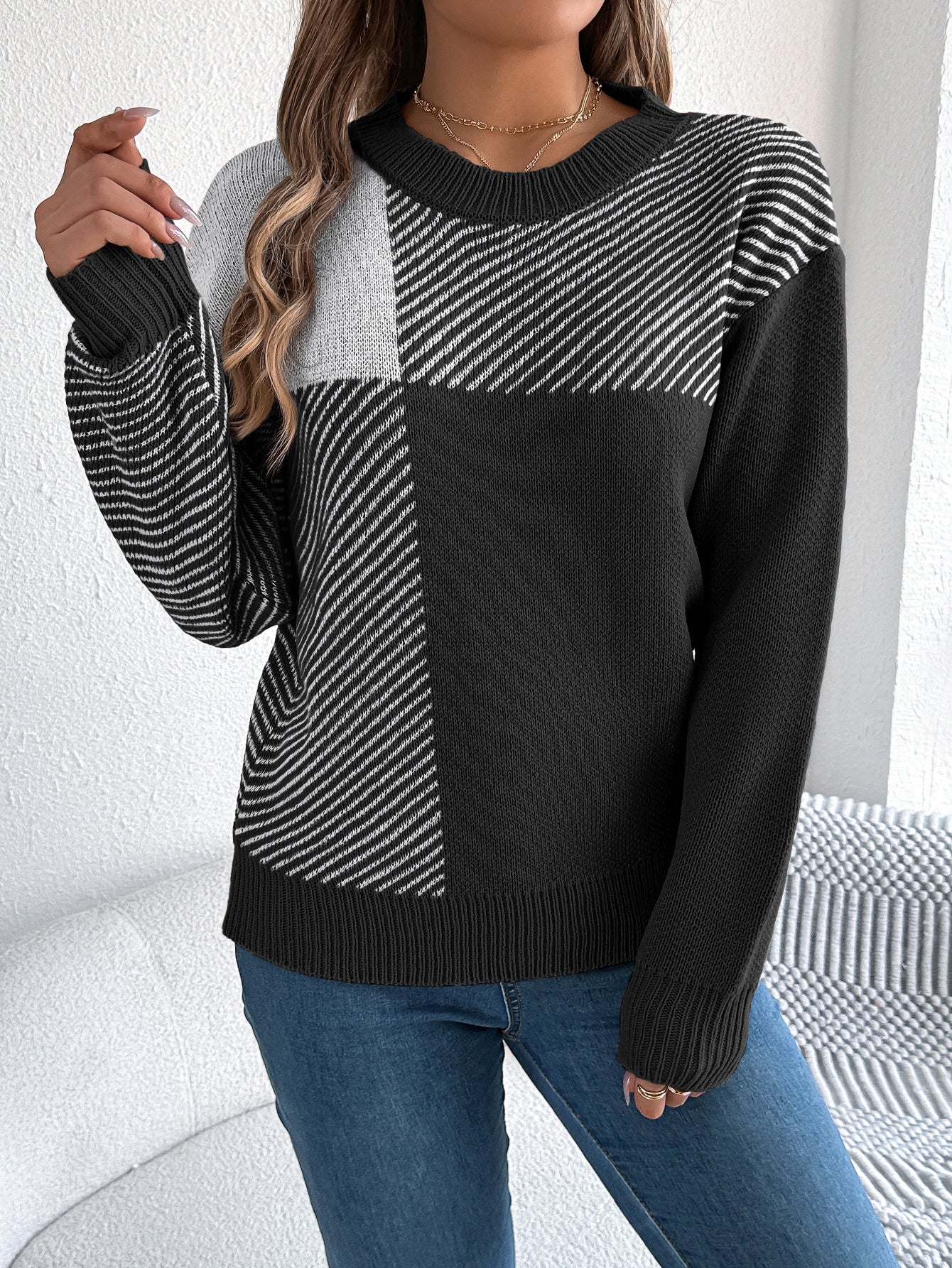 Casual Color-Block Plaid Long-Sleeve Pullover Sweater