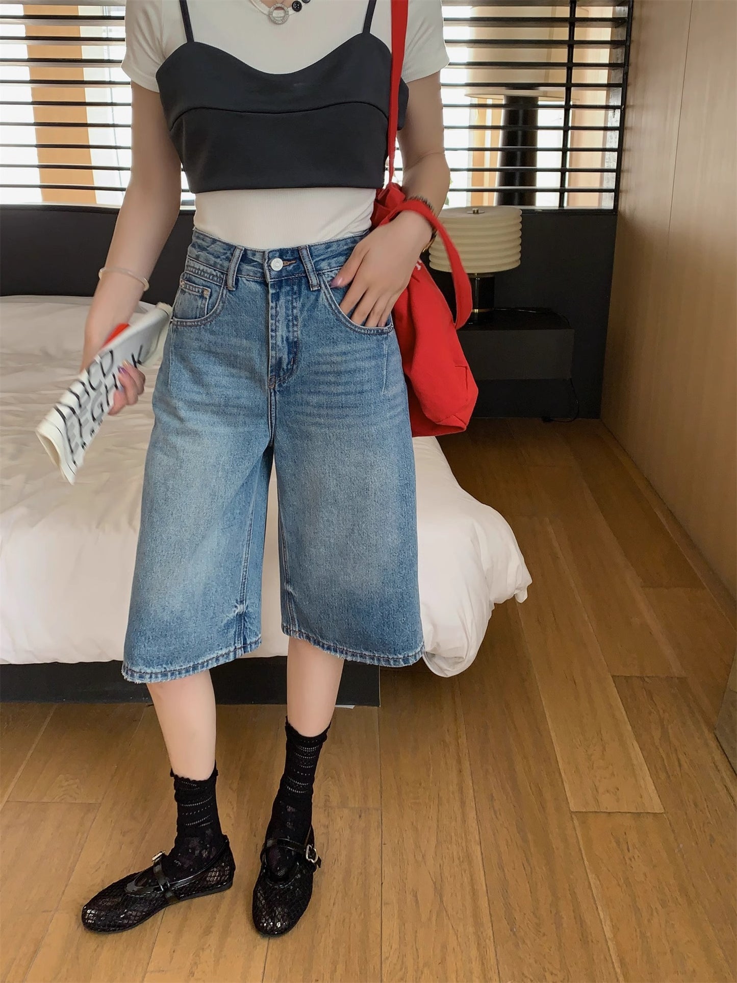Retro High Waist Denim Water Blue Fifth Wide-leg Pants