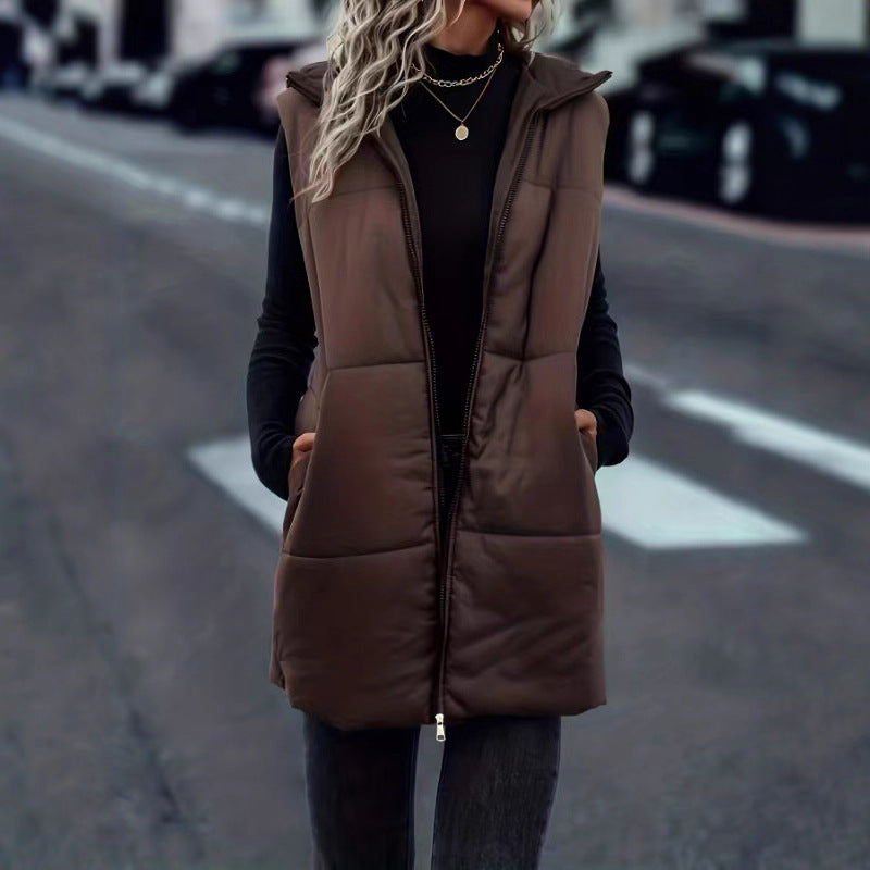 European And American Autumn And Winter Vest Fashion Solid Color Zipper Hooded