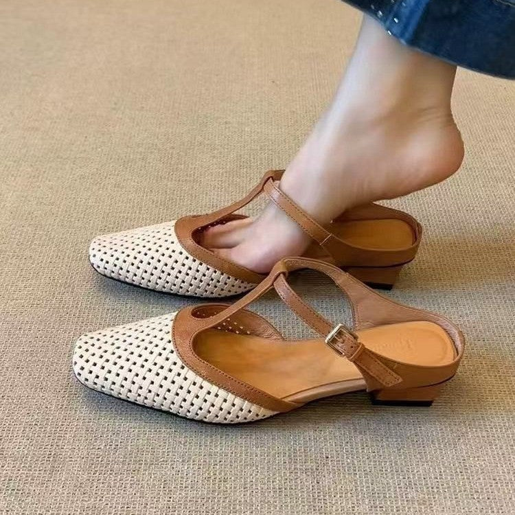Women's Elegant Retro Soft Bottom Square Toe Color-blocking Sandals