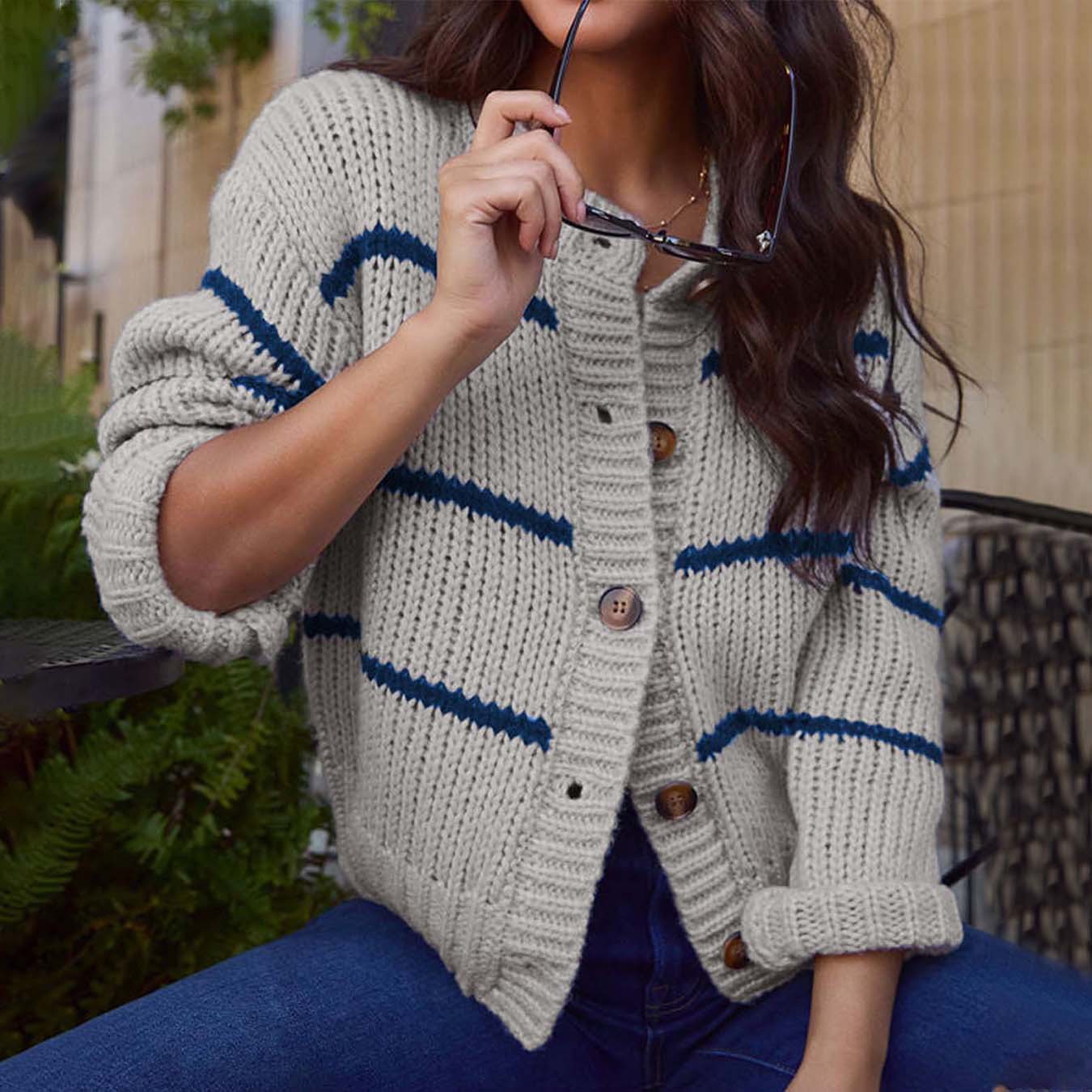 Fashion Stripes Loose Knitted Cardigan Coat Top